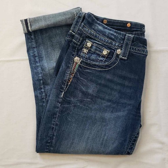 Miss Me Womens Easy Skinny Jeans Blue Cuffed Embroidered Dark Wash Mid-Rise 25 - Picture 5 of 15